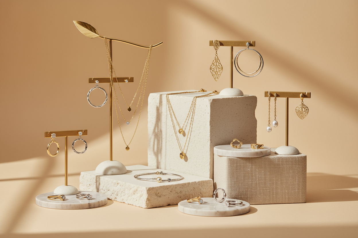 image avec des couleurs beige et des bijoux doré et argenté 